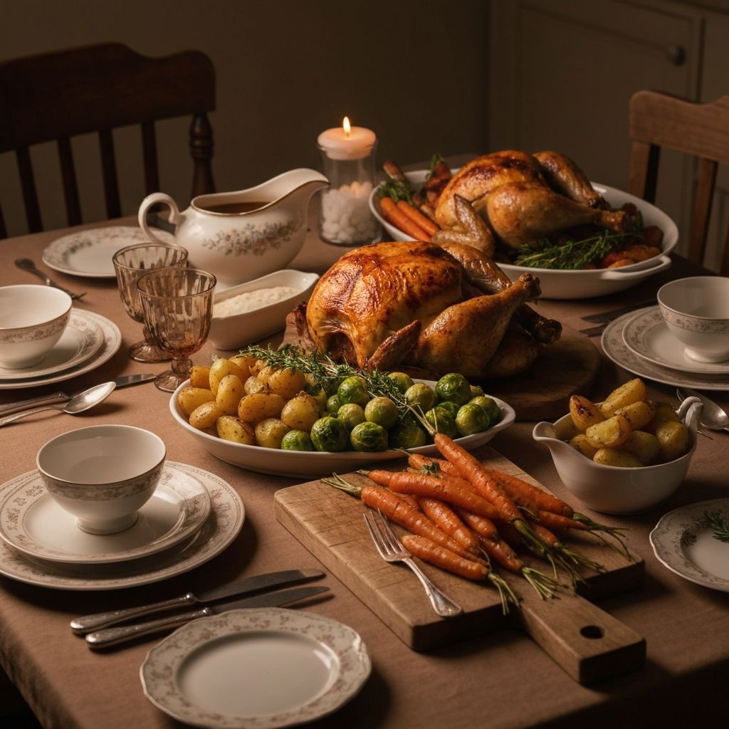 Traditional meal setting with various dishes arranged on a table