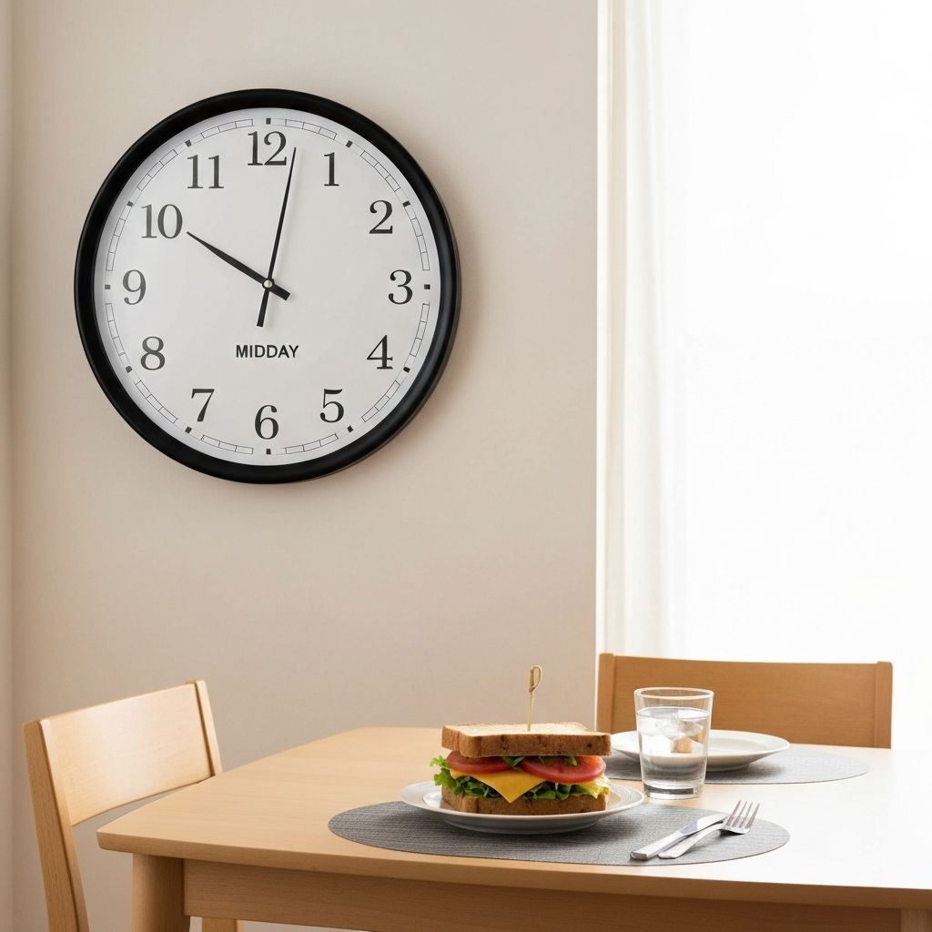 Clock on wall near a dining table suggesting meal timing